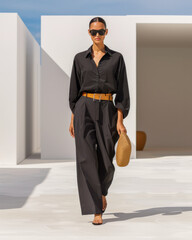 Minimalist Chic: Black Shirt and Wide Leg Pants Outfit