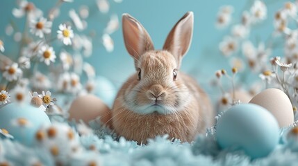 Obraz premium blue easter eggs bunny flowers on light blue background happy easter greeting card template flat lay top view copy space.photo