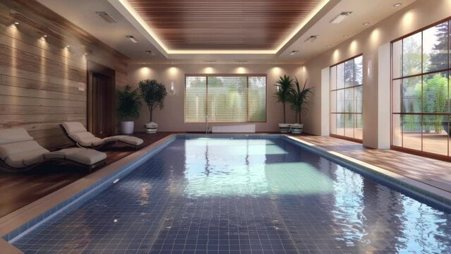 Indoor pool with loungers and wood floors
