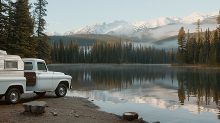 A Vintage Camper Van Parked by a Mountain Lake