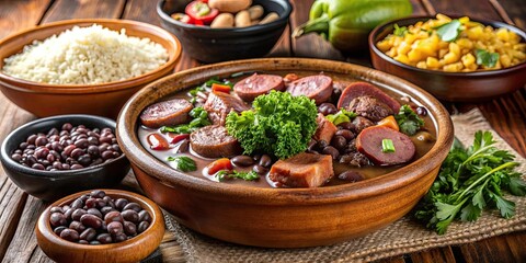 Traditional Brazilian feijoada dish with black beans, pork, sausage, and assorted meats, Brazilian, food, cuisine