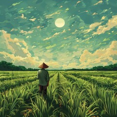 Fototapeta premium Serene Farmer Inspecting Rice Field Under the Sun