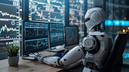 a financial analyst's desk with a robot managing multiple computer screens and analyzing data