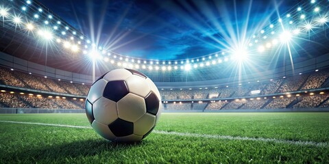 Detail shot of a soccer ball on a grassy field with bright lights and packed stands , soccer, ball, grass, field, lights, stands