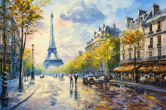 oil painting with palatte knife style of Paris street landscape location