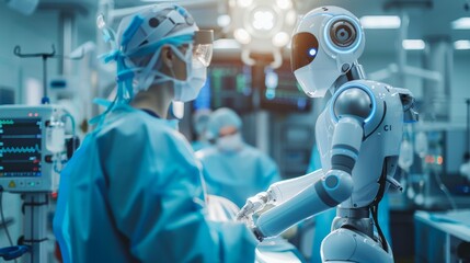 a hospital where a robot is assisting in a  procedure, with a human surgeon observing, 