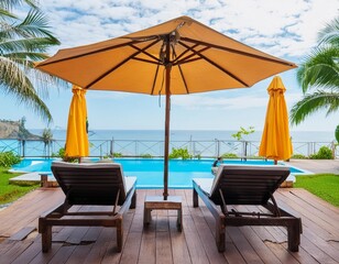 Umbrella and deck chair around outdoor swimming pool in hotel resort nearly sea beach ocean for travel vacation.