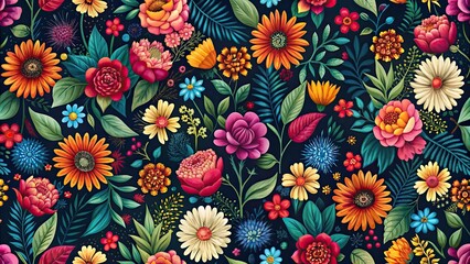 Seamless dark floral pattern with vibrant multicolored flowers, seamless, beautiful, multicolored, flowers, dark background