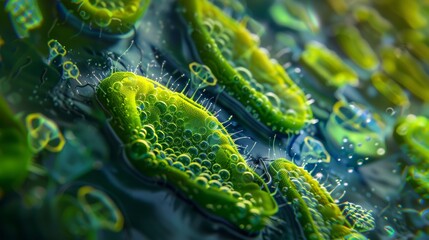 Fototapeta premium Abstract Macro Photography of Green Bubbles and Spikes with a Blue Background