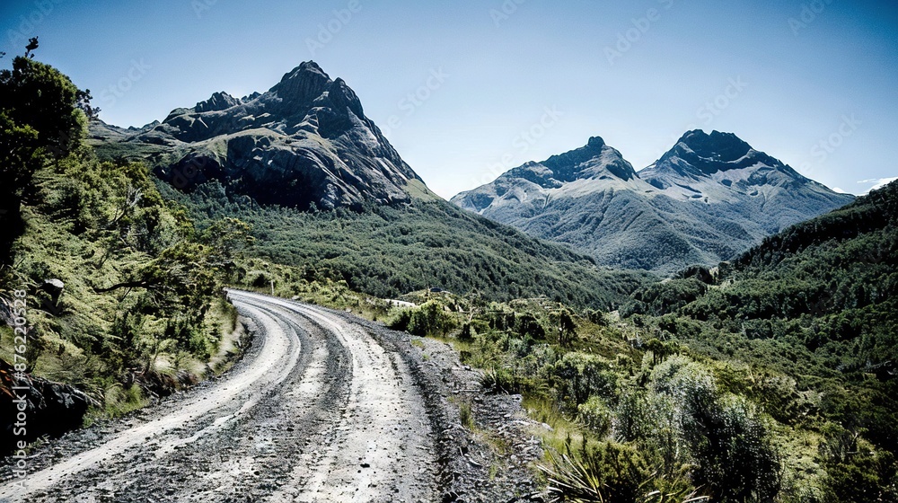 Sticker   A dirt road, flanked by trees, leads into a mountainous backdrop