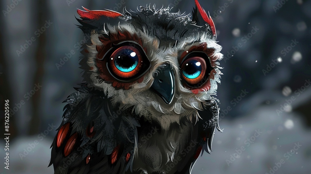 Sticker   Close-up of an owl with blue eyes and red crown on its head, surrounded by snow on the ground and trees in the background