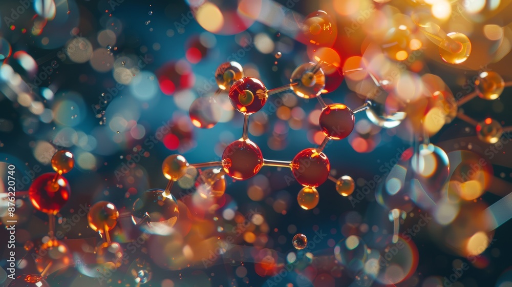 Wall mural abstract molecular structure with red and yellow spheres connected by thin transparent lines against