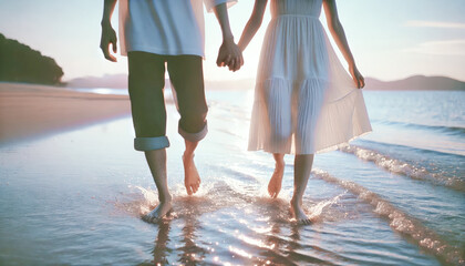 手を繋いでビーチを歩くカップル