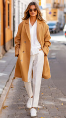 Stylish Woman In Camel Coat And White Outfit