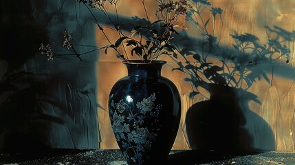   Two vases on a table against a wall with shadowed flowers