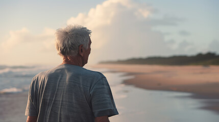 Fototapeta premium Elderly Man Walking Along a Beach at Sunset, Reflective, Peaceful Scene