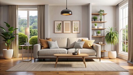 Modern living room with a comfortable sofa , cozy, contemporary, interior design, furniture, home, relaxation, stylish