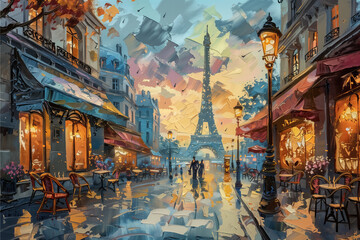 oil painting with palatte knife style of Paris street landscape location