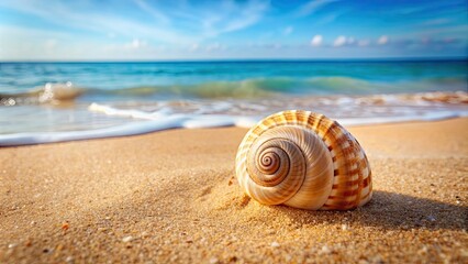 Spiral sea shell on sandy beach, spiral, seashell, beach, ocean, marine, nature, shore, sand, closeup, aquatic, beauty