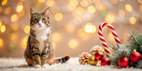 Obraz premium Cute cat sitting in front of Christmas decorations and candy cane, cat, cute, Christmas, decorations, candy cane, holiday, festive