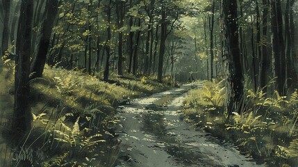 Obraz premium Dirt road amidst tall forest grass & trees