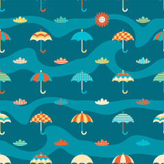 Abstract umbrella on the wavy sky background seamless pattern. Perfect print for textile, fabric, paper. Retro style vector illustration.