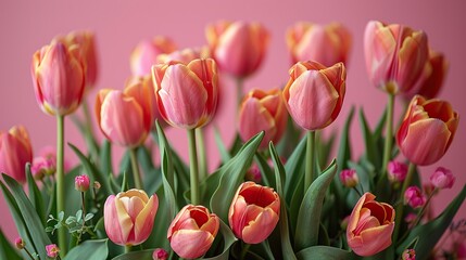 Obraz premium happy women s day greeting card,tulips on pink background.stock photo