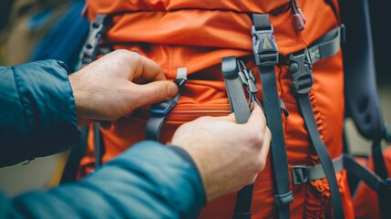 Close up shot of the person's hands adjusting straps on a bright, minimalist travel backpack