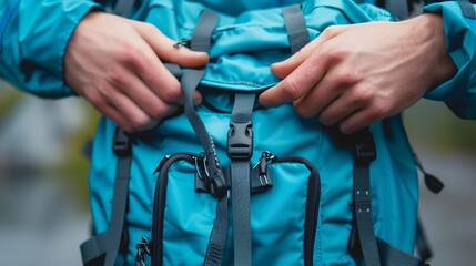 Close up shot of the person's hands adjusting straps on a bright, minimalist travel backpack