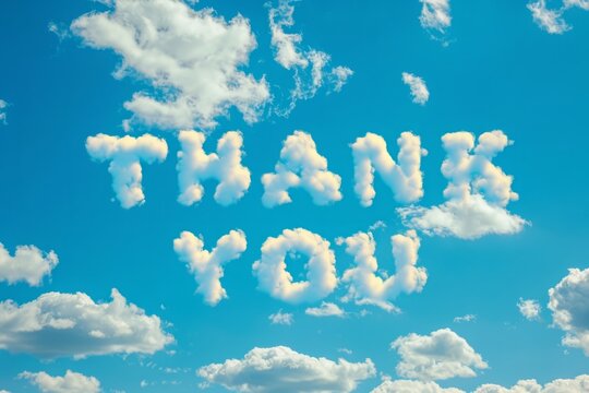 Celestial Gratitude: "THANK YOU" in Cloud-Like Letters Embossed on a Clear Blue Sky