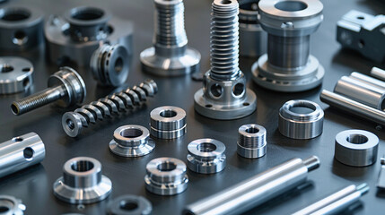 Assortment of Metal Machine Parts and Hardware Components on Gray Surface