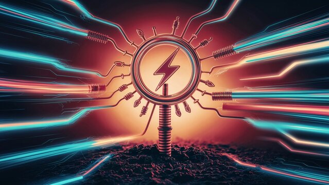 An electrical circuit connected to a grounding rod, with a lightning bolt symbol indicating safety., illustration, 3d render