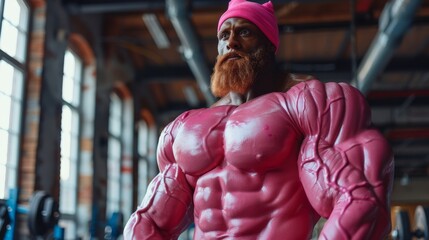 pink bodybuilder fantasy costume in gym