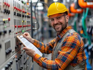 Portrait of happy man, engineering and technician at control panel, inspection and maintenance planning on clipboard