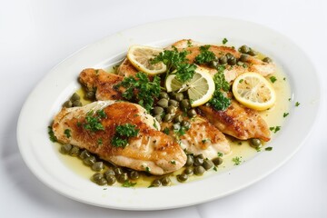 Savory Chicken Piccata Delight with Capers and Zesty Lemon Sauce on Clear Light Background