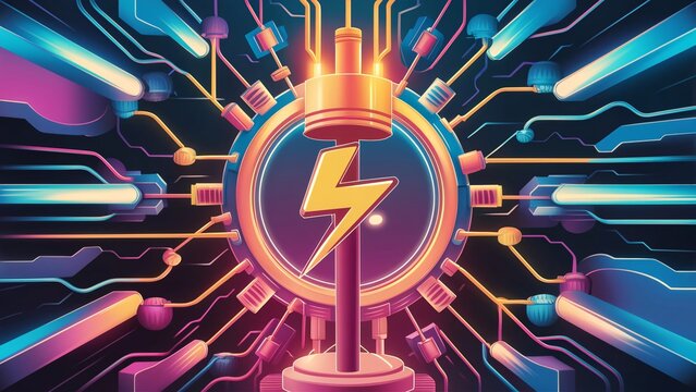 An electrical circuit connected to a grounding rod, with a lightning bolt symbol indicating safety., illustration, 3d render