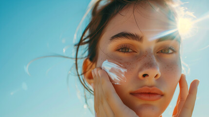 Young woman spreading sunscreen on her face at the beach