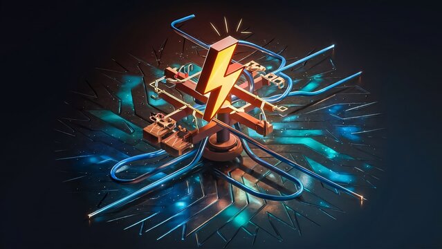 An electrical circuit connected to a grounding rod, with a lightning bolt symbol indicating safety., illustration, 3d render