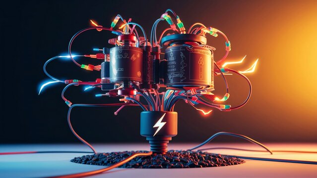 An electrical circuit connected to a grounding rod, with a lightning bolt symbol indicating safety., illustration, 3d render