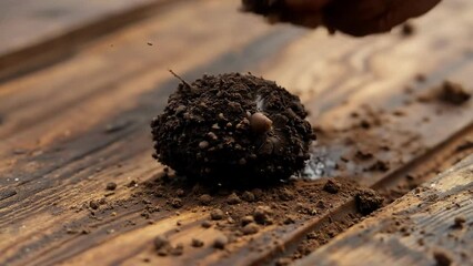Farmer holding a clump of fertile soil with seedling