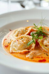 Exquisite Lobster Ravioli in Creamy Tomato Sauce on Pastel Background with Soft Lighting