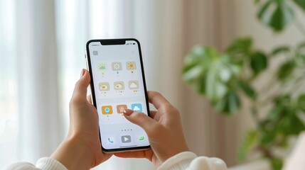Close up shot of the person's hands holding a smartphone displaying a minimalist weather app with colorful icons