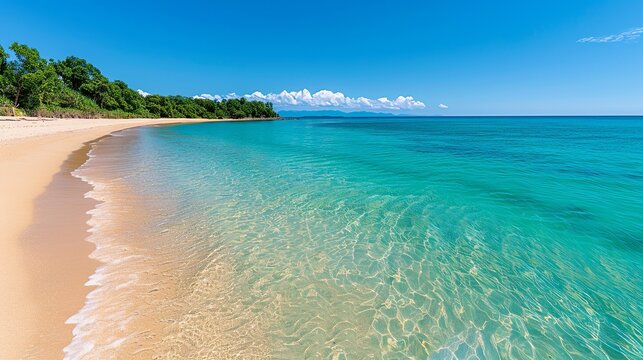 Portray idyllic beachfront landscapes with nature plates, showcasing sunlit shores, pristine waters, and the tranquil charm of coastal environments. Clean and Clear Color, Realistic Photo, ,