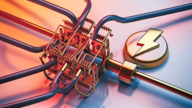 An electrical circuit connected to a grounding rod, with a lightning bolt symbol indicating safety., illustration, 3d render