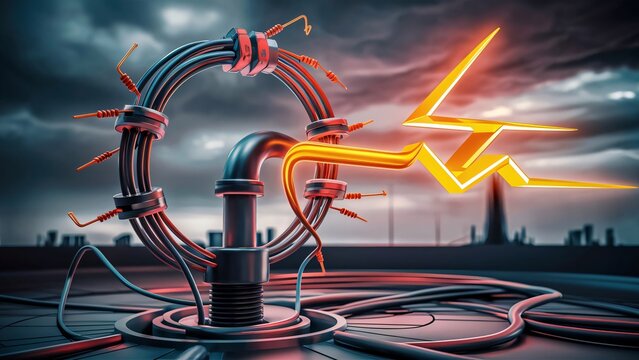 An electrical circuit connected to a grounding rod, with a lightning bolt symbol indicating safety., illustration, 3d render