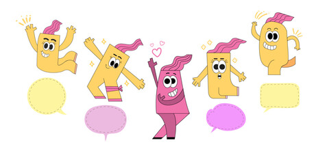 yellow pink theme retro cartoon set,hand drawn y2k theme character isolated with speech bubble set,part collection dance cheerful happy.