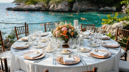 Fototapeta premium Elegant outdoor table setting with floral centerpiece overlooking a beautiful seaside view, perfect for weddings and special occasions.