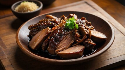 Fototapeta premium adobong pato duck cooked in vinegar soy sauce garlic Filipino dish served aesthetically in wooden plate and table