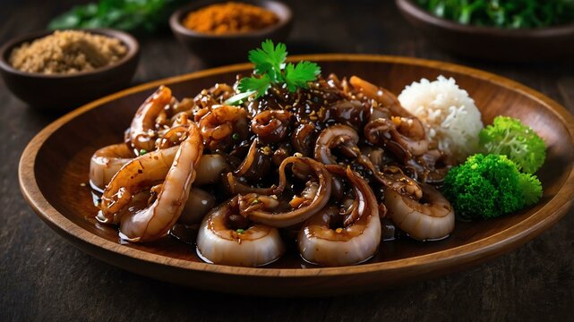 adobong pusit squid cooked in vinegar soy sauce garli Filipino dish served aesthetically in wooden plate and table