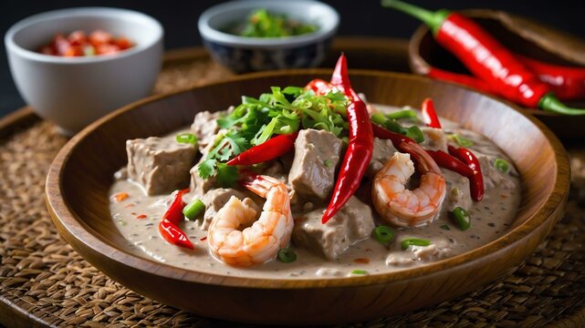 bicol express bicol express a rich and creamy stew ma Filipino dish served aesthetically in wooden plate and table